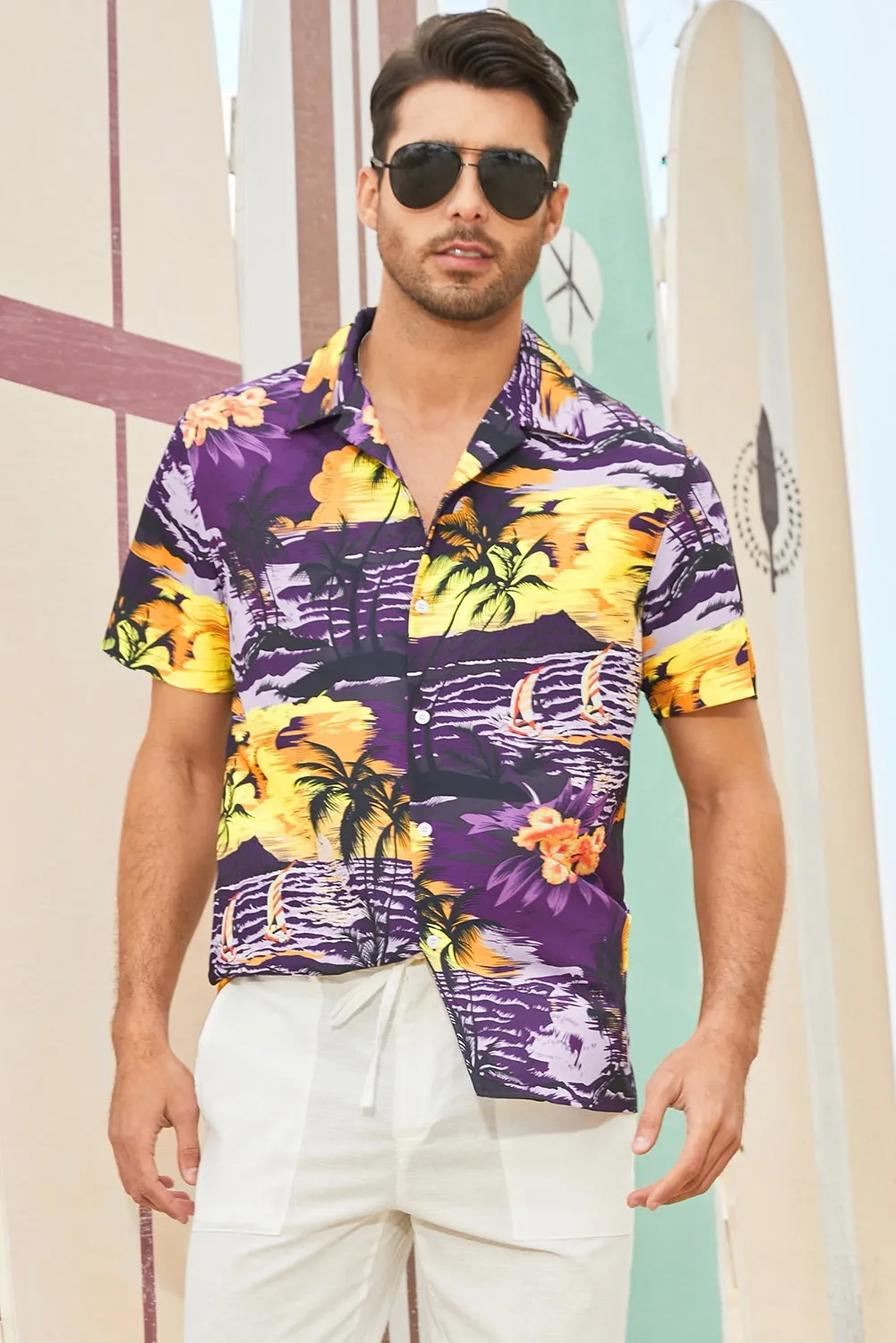 Floral Scenery Pattern Print Buttons Short Sleeve Men's Shirt