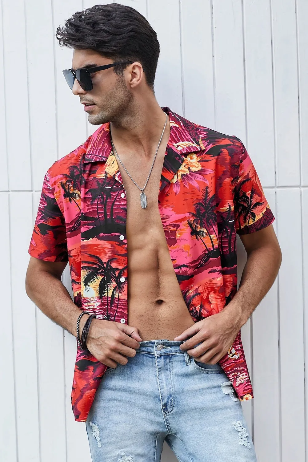 Floral Scenery Pattern Print Buttons Short Sleeve Men's Shirt