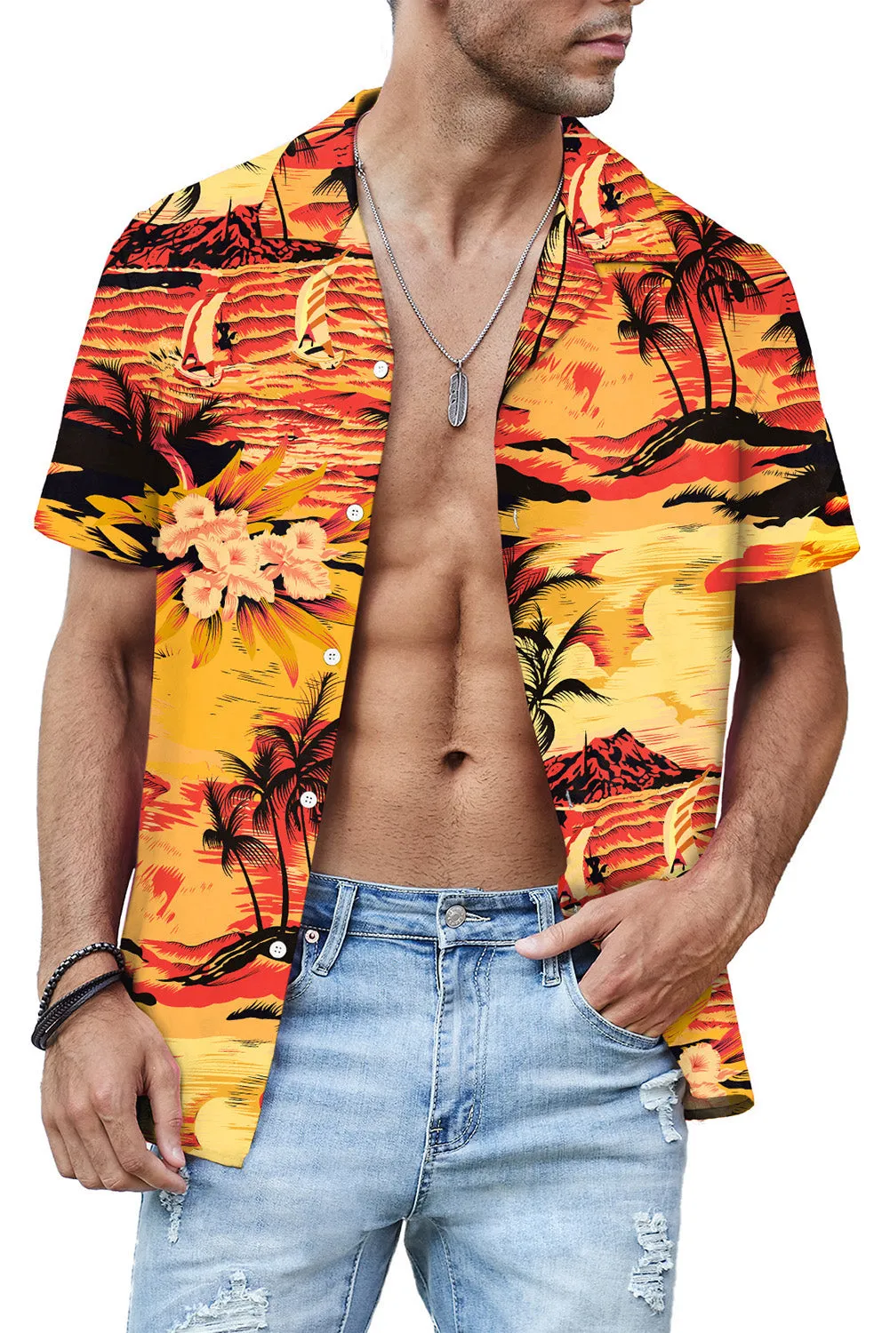 Floral Scenery Pattern Print Buttons Short Sleeve Men's Shirt