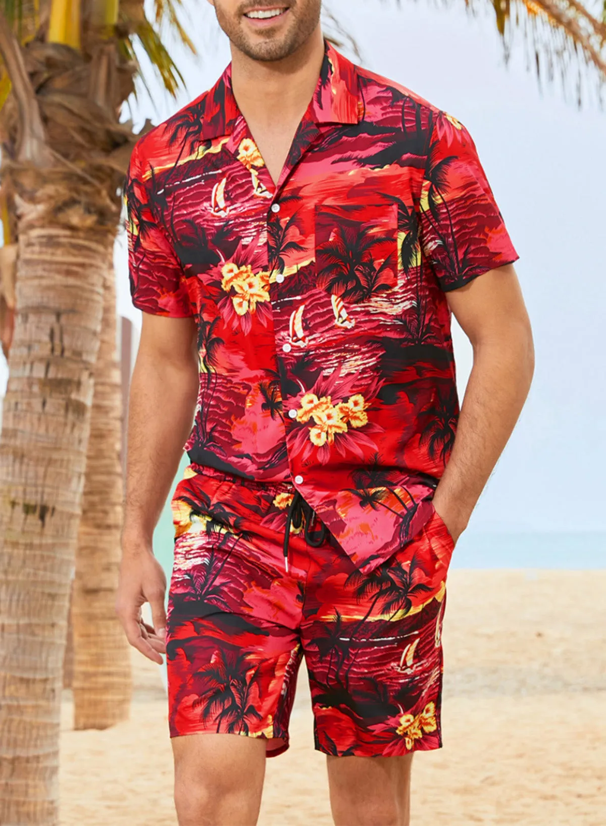 Floral Scenery Pattern Print Buttons Short Sleeve Men's Shirt