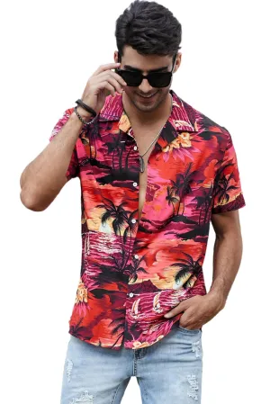 Floral Scenery Pattern Print Buttons Short Sleeve Men's Shirt
