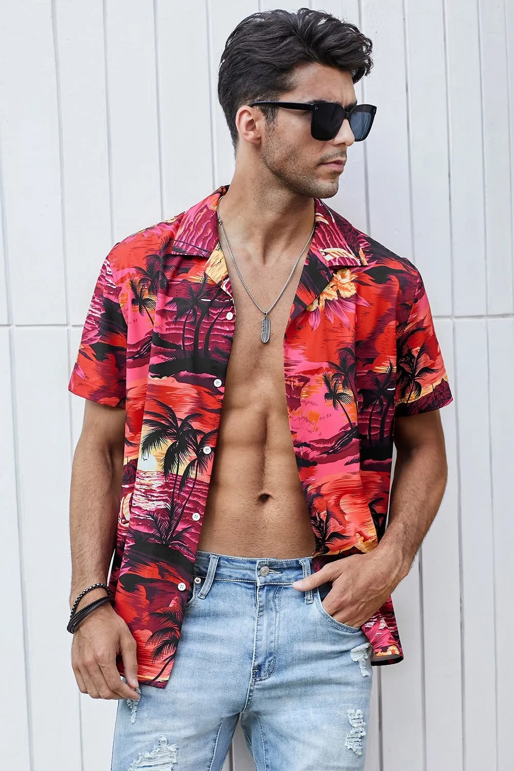 Floral Scenery Pattern Print Buttons Short Sleeve Men's Shirt