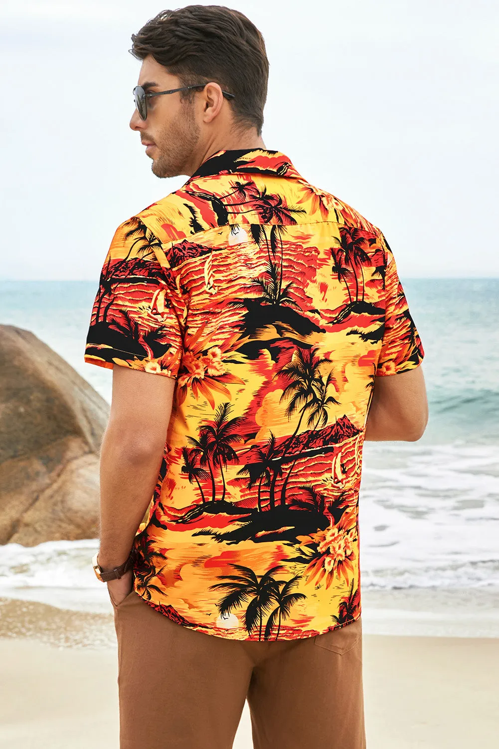 Floral Scenery Pattern Print Buttons Short Sleeve Men's Shirt