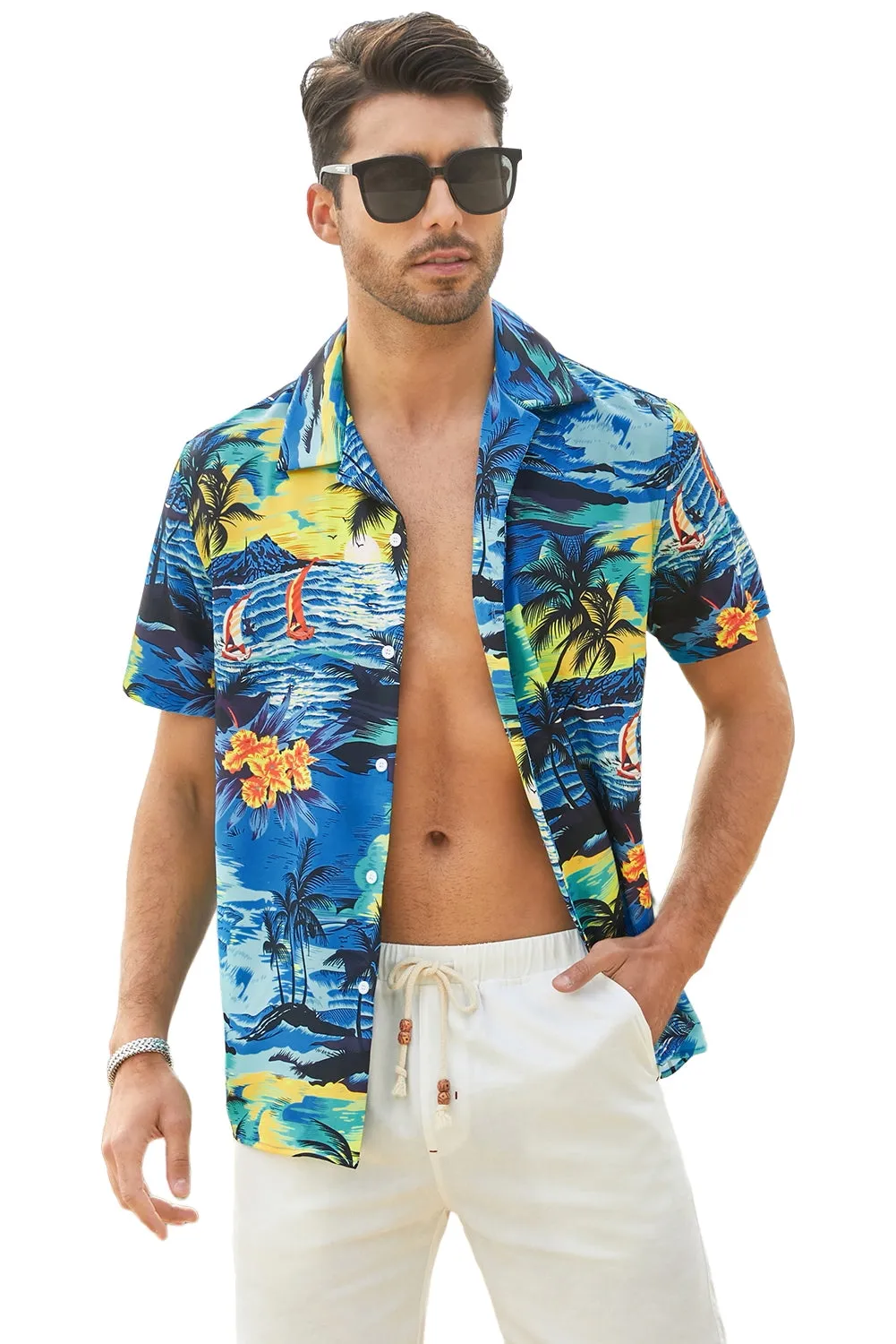 Floral Scenery Pattern Print Buttons Short Sleeve Men's Shirt