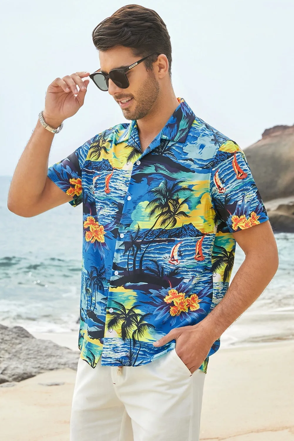 Floral Scenery Pattern Print Buttons Short Sleeve Men's Shirt