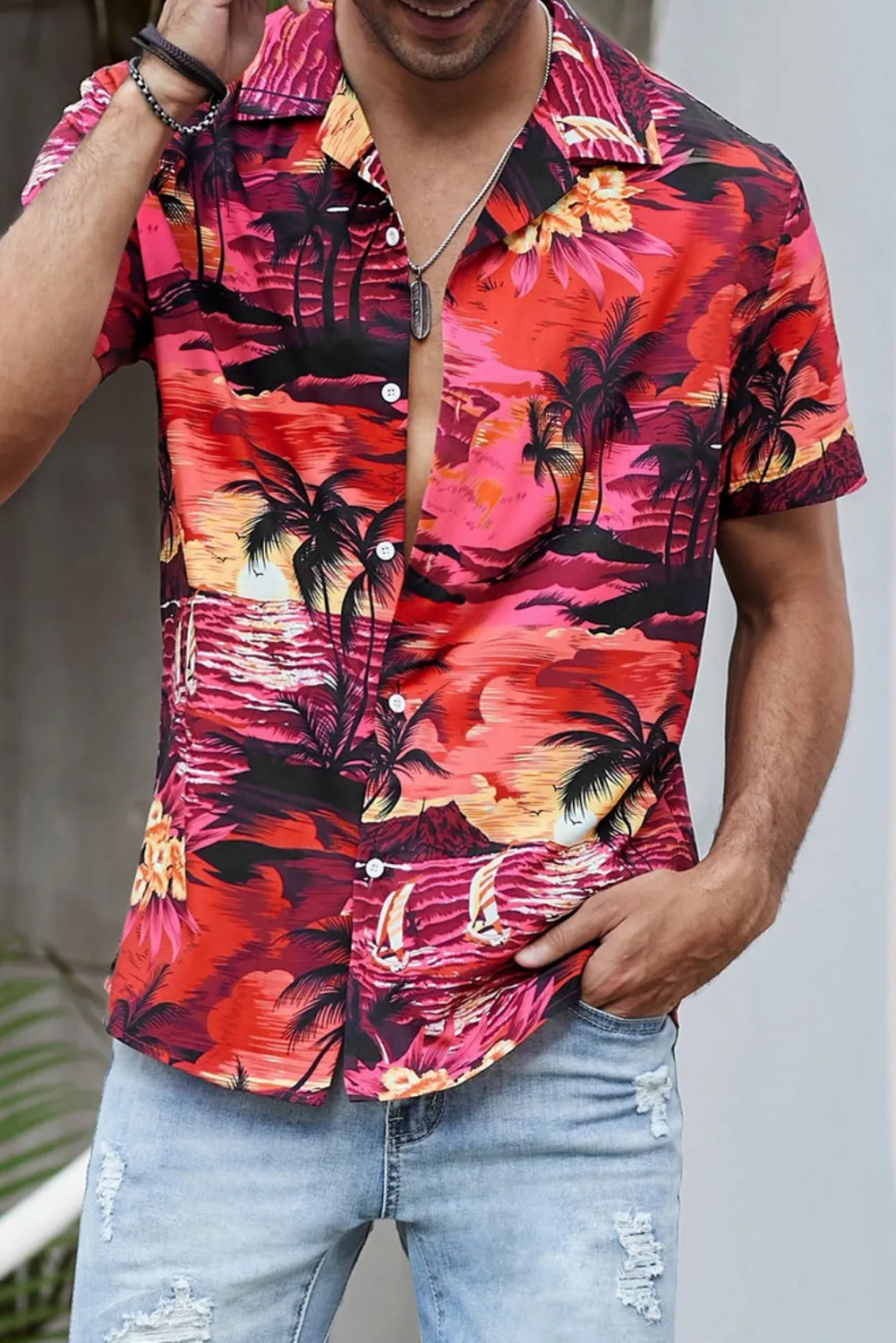 Floral Scenery Pattern Print Buttons Short Sleeve Men's Shirt