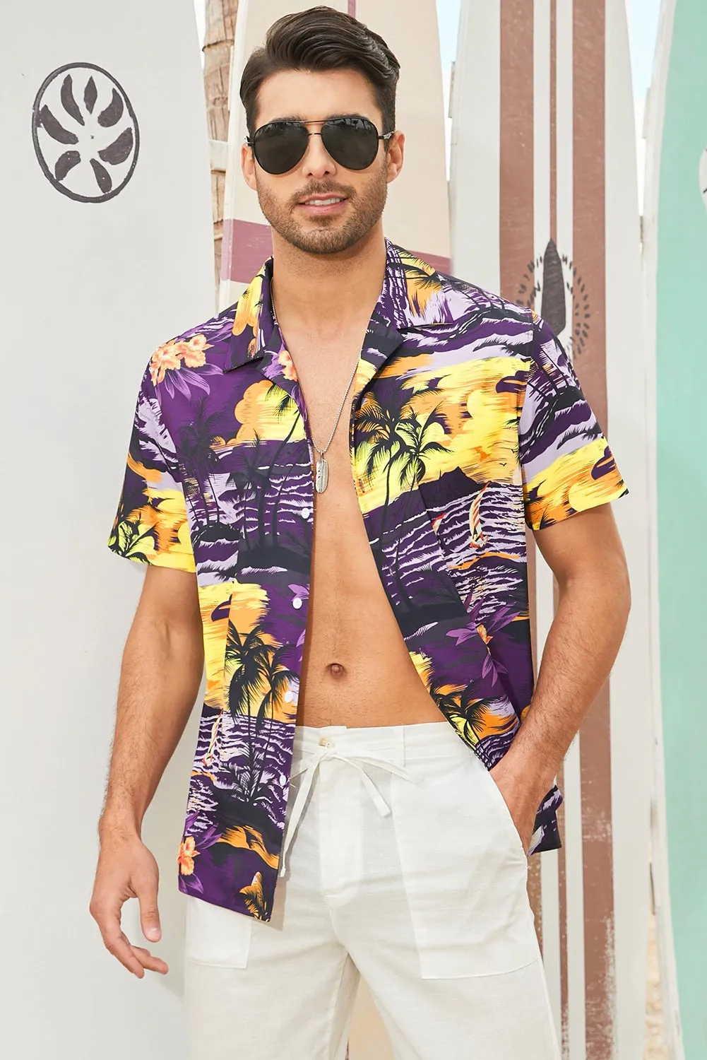 Floral Scenery Pattern Print Buttons Short Sleeve Men's Shirt