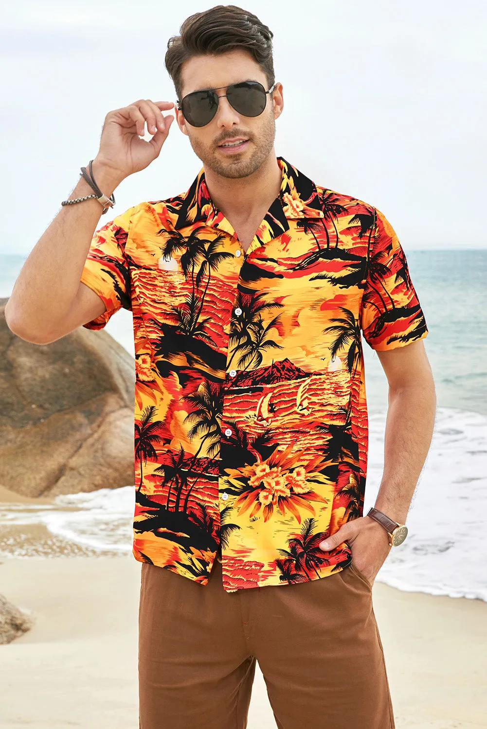 Floral Scenery Pattern Print Buttons Short Sleeve Men's Shirt