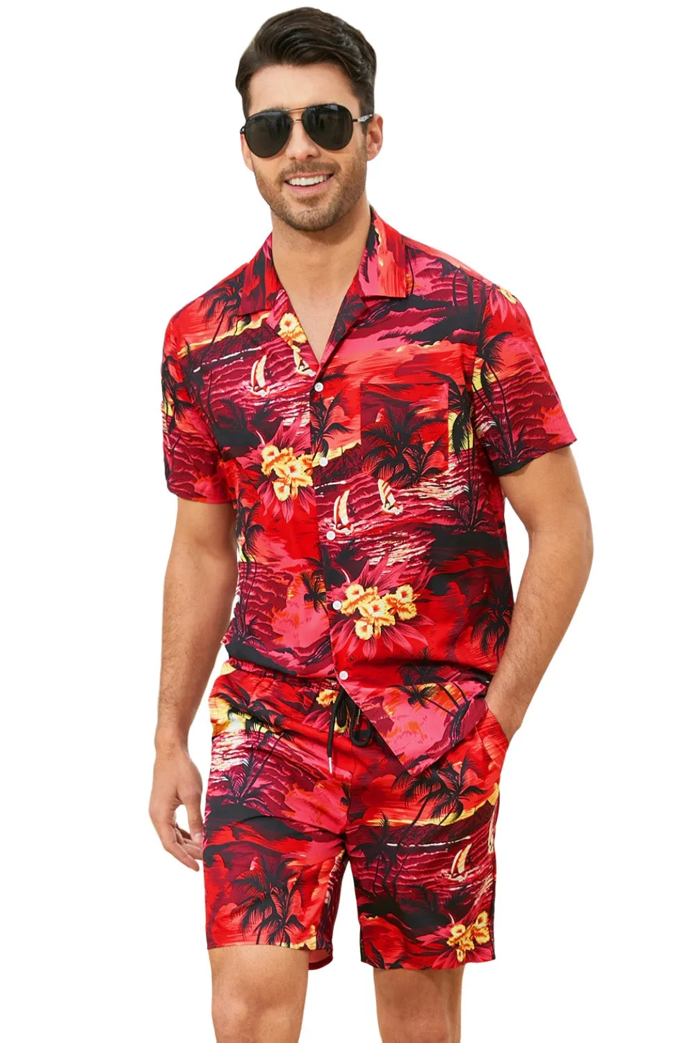 Floral Scenery Pattern Print Buttons Short Sleeve Men's Shirt