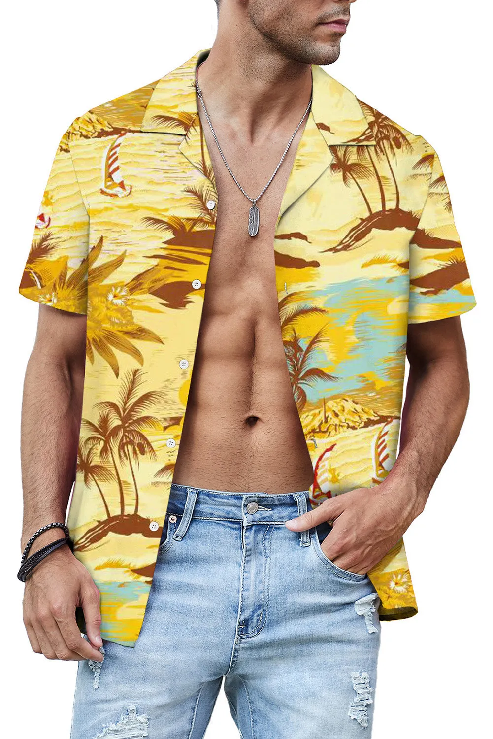 Floral Scenery Pattern Print Buttons Short Sleeve Men's Shirt