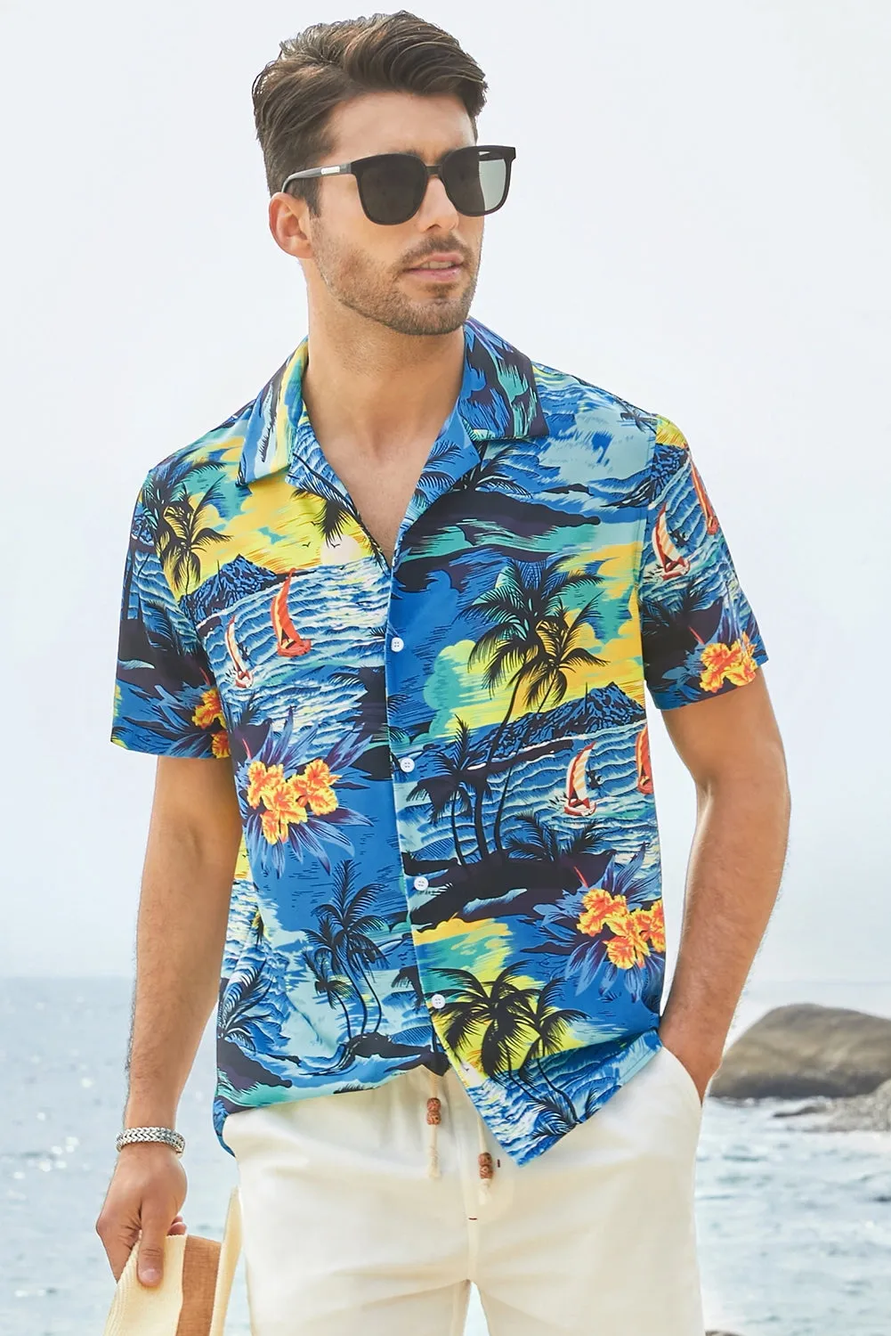 Floral Scenery Pattern Print Buttons Short Sleeve Men's Shirt