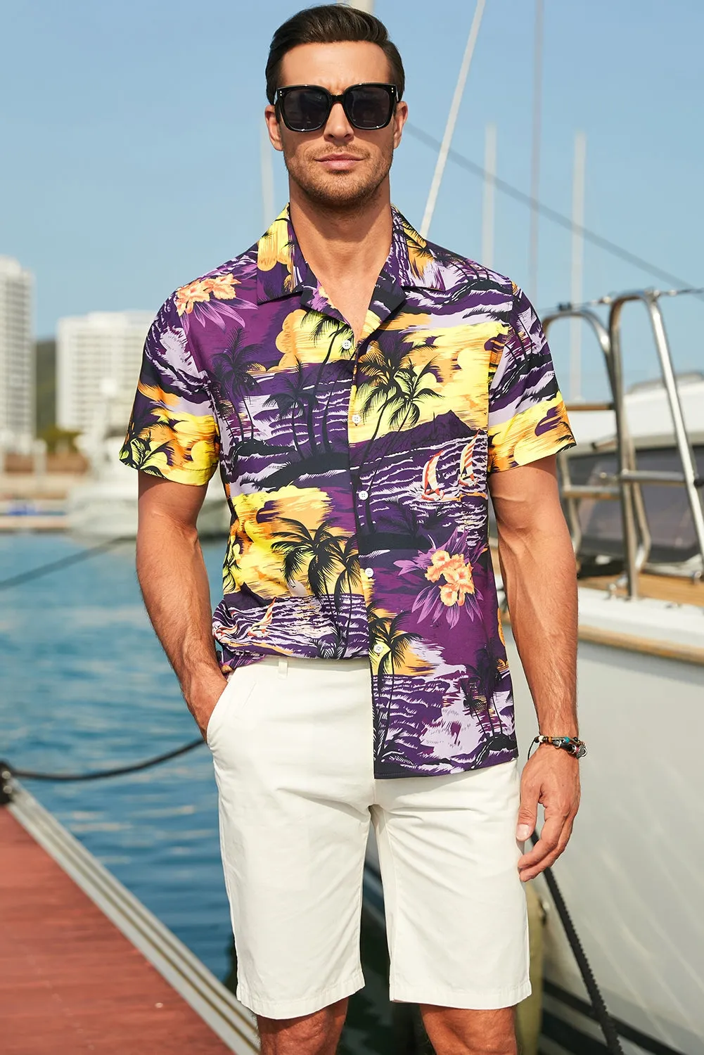 Floral Scenery Pattern Print Buttons Short Sleeve Men's Shirt