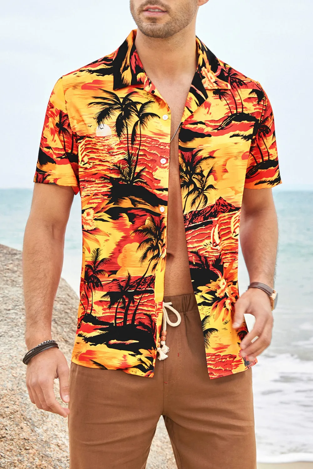 Floral Scenery Pattern Print Buttons Short Sleeve Men's Shirt