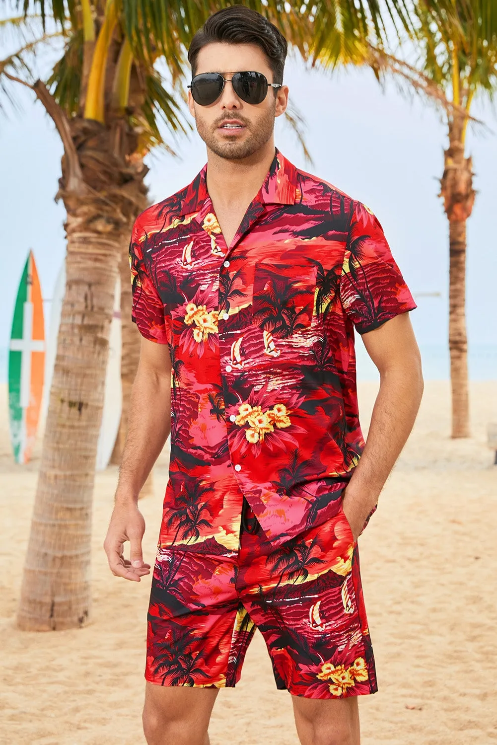 Floral Scenery Pattern Print Buttons Short Sleeve Men's Shirt