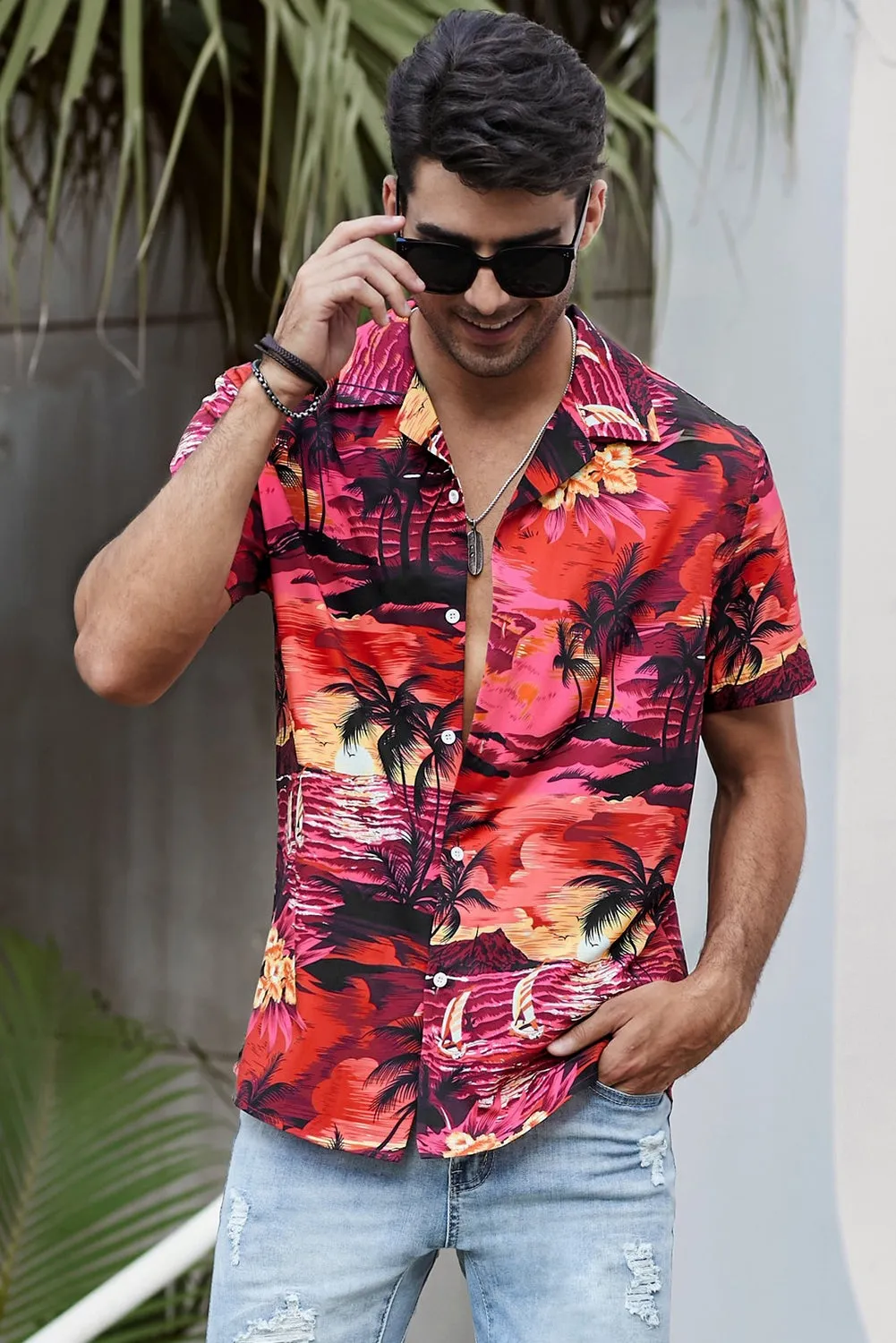Floral Scenery Pattern Print Buttons Short Sleeve Men's Shirt