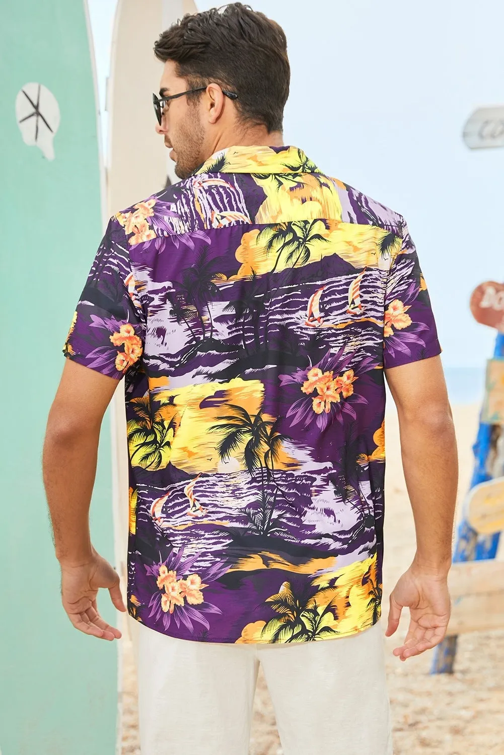 Floral Scenery Pattern Print Buttons Short Sleeve Men's Shirt
