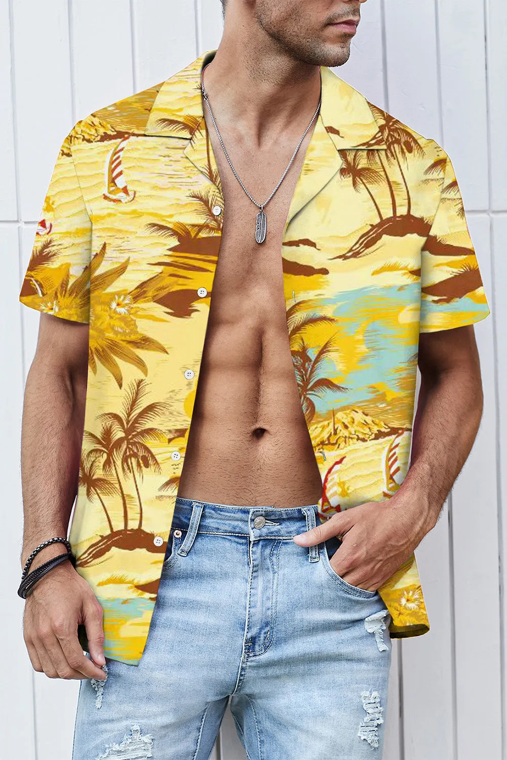 Floral Scenery Pattern Print Buttons Short Sleeve Men's Shirt