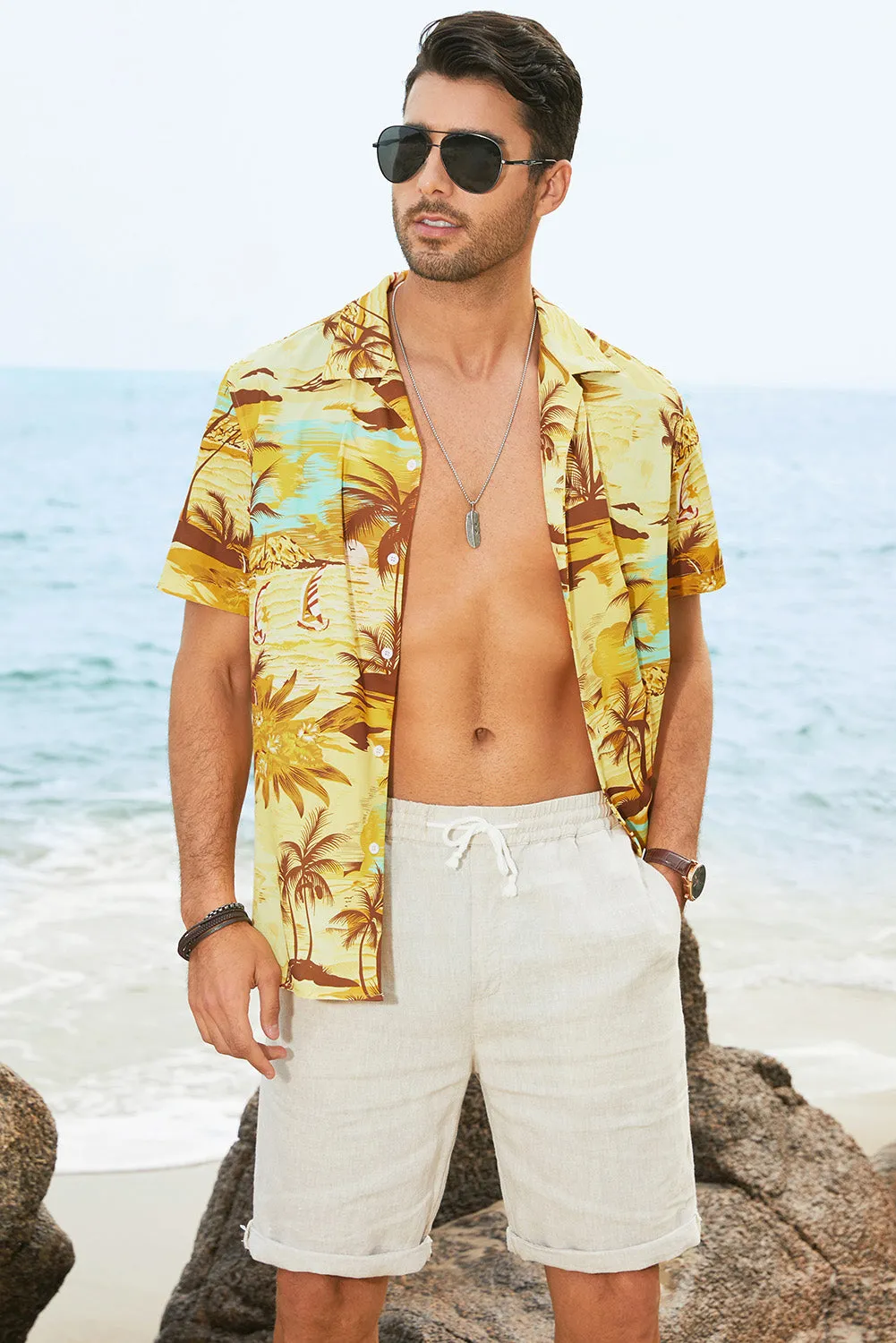 Floral Scenery Pattern Print Buttons Short Sleeve Men's Shirt