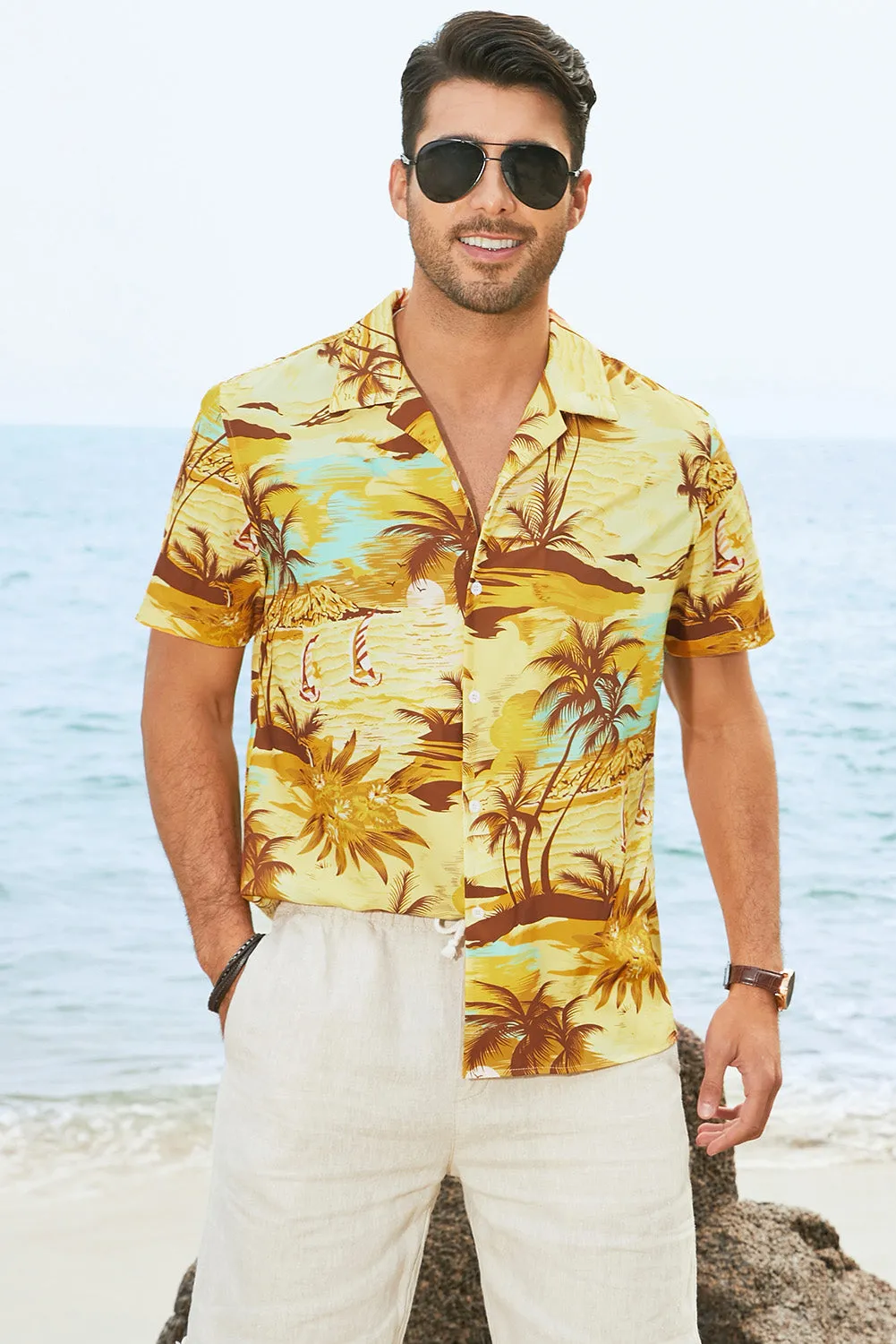 Floral Scenery Pattern Print Buttons Short Sleeve Men's Shirt