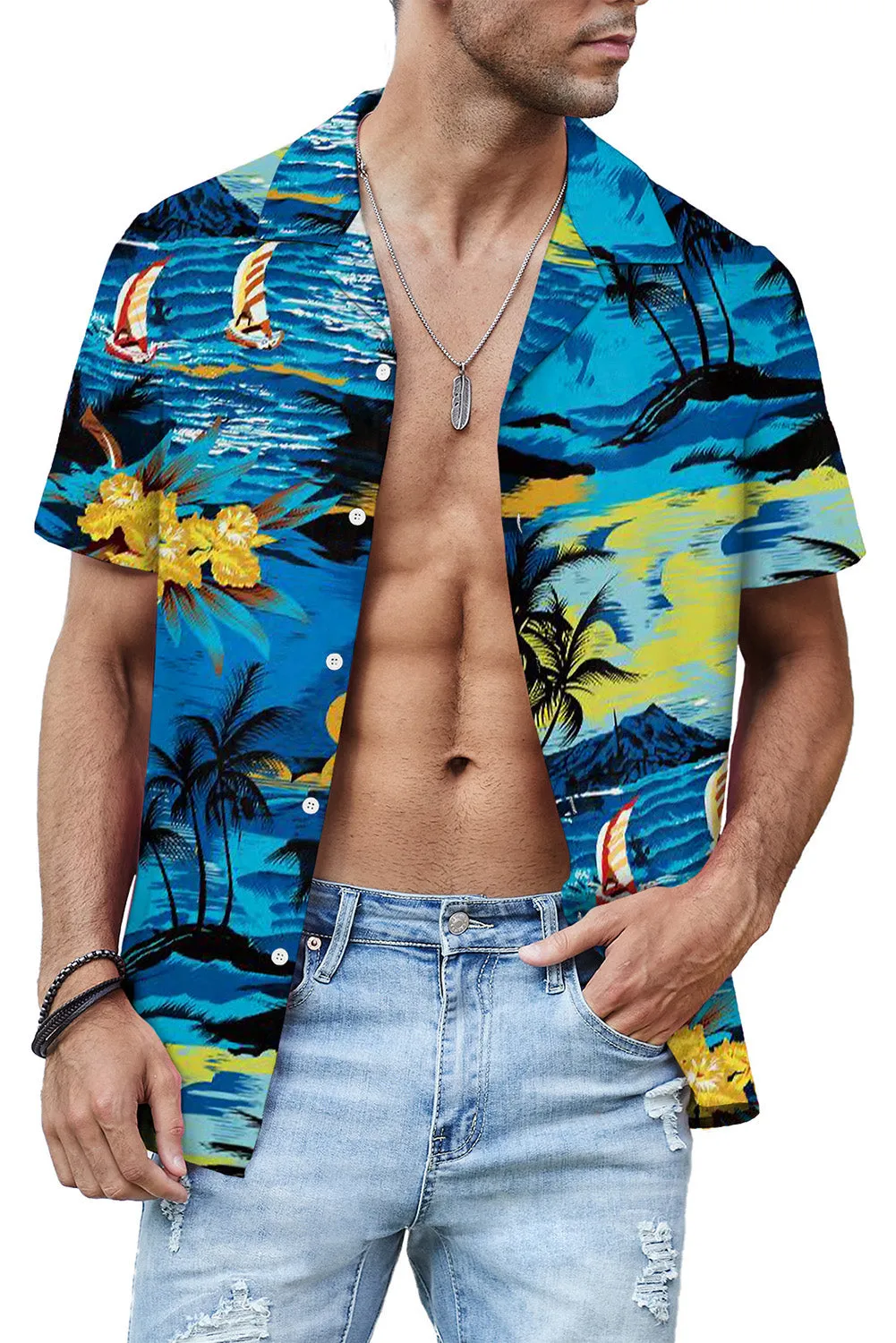 Floral Scenery Pattern Print Buttons Short Sleeve Men's Shirt