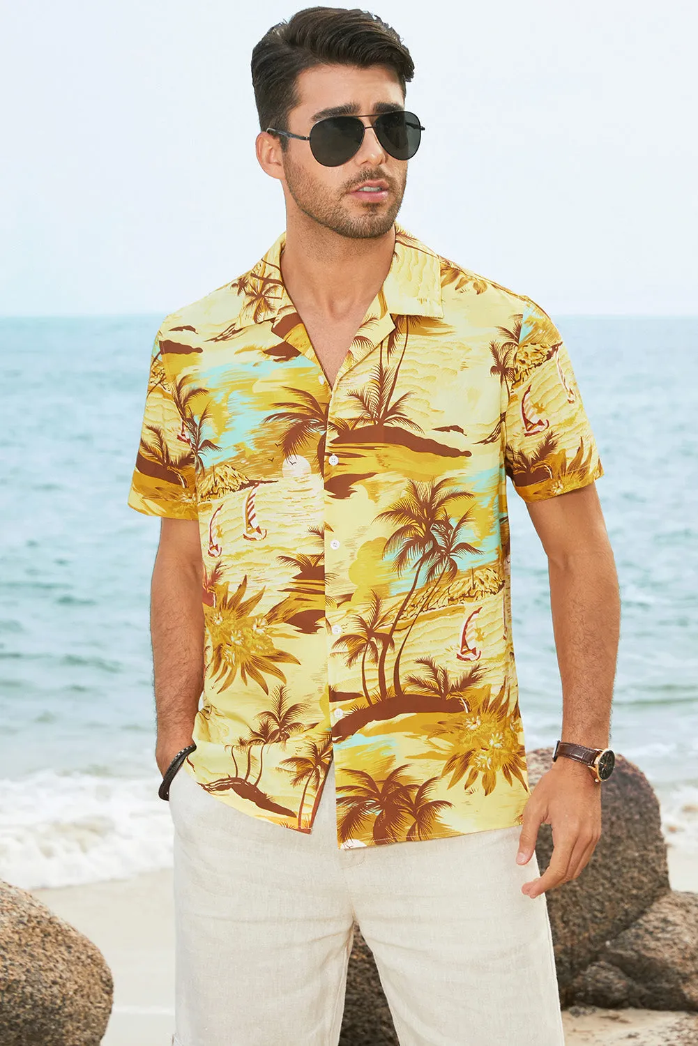 Floral Scenery Pattern Print Buttons Short Sleeve Men's Shirt
