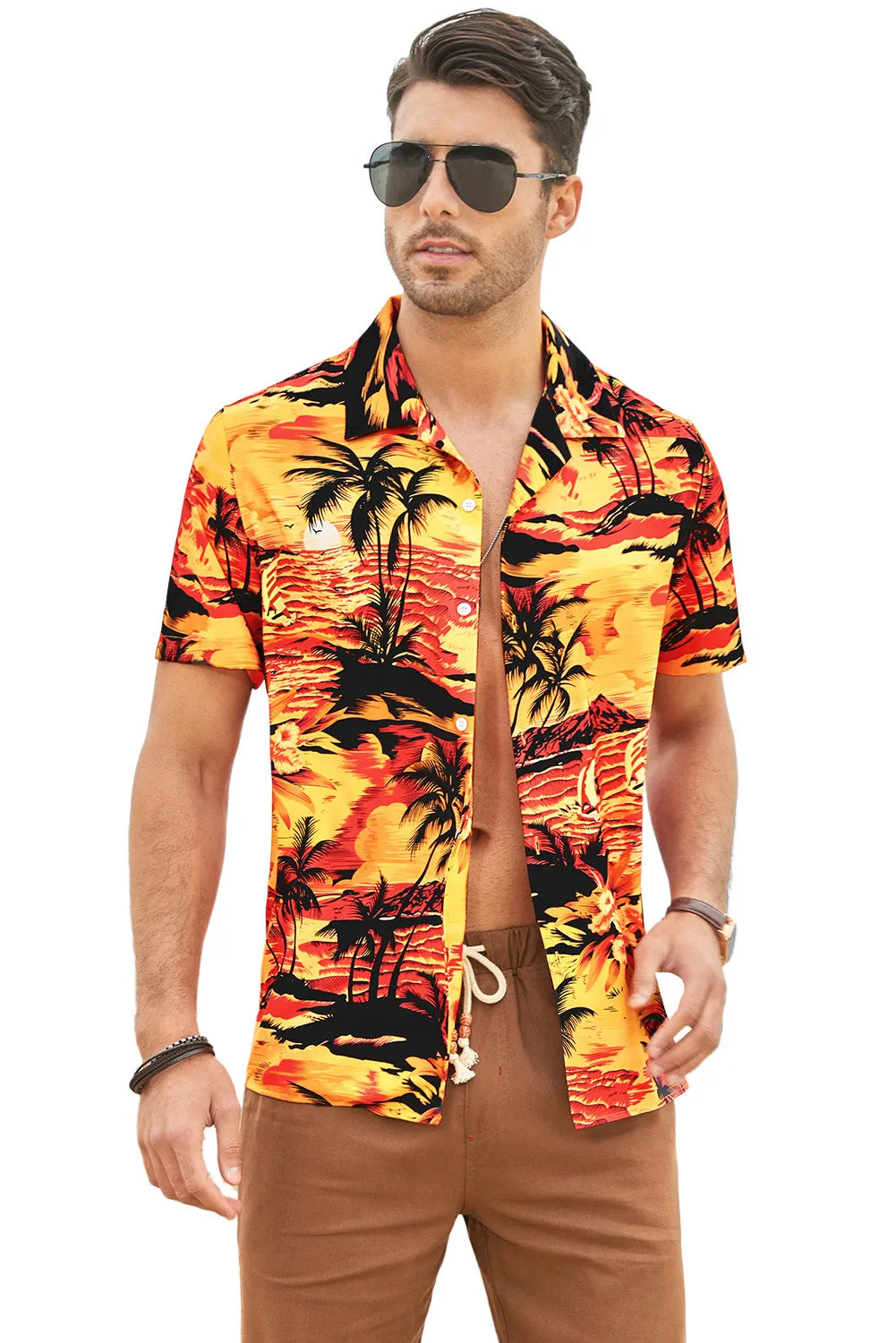 Floral Scenery Pattern Print Buttons Short Sleeve Men's Shirt