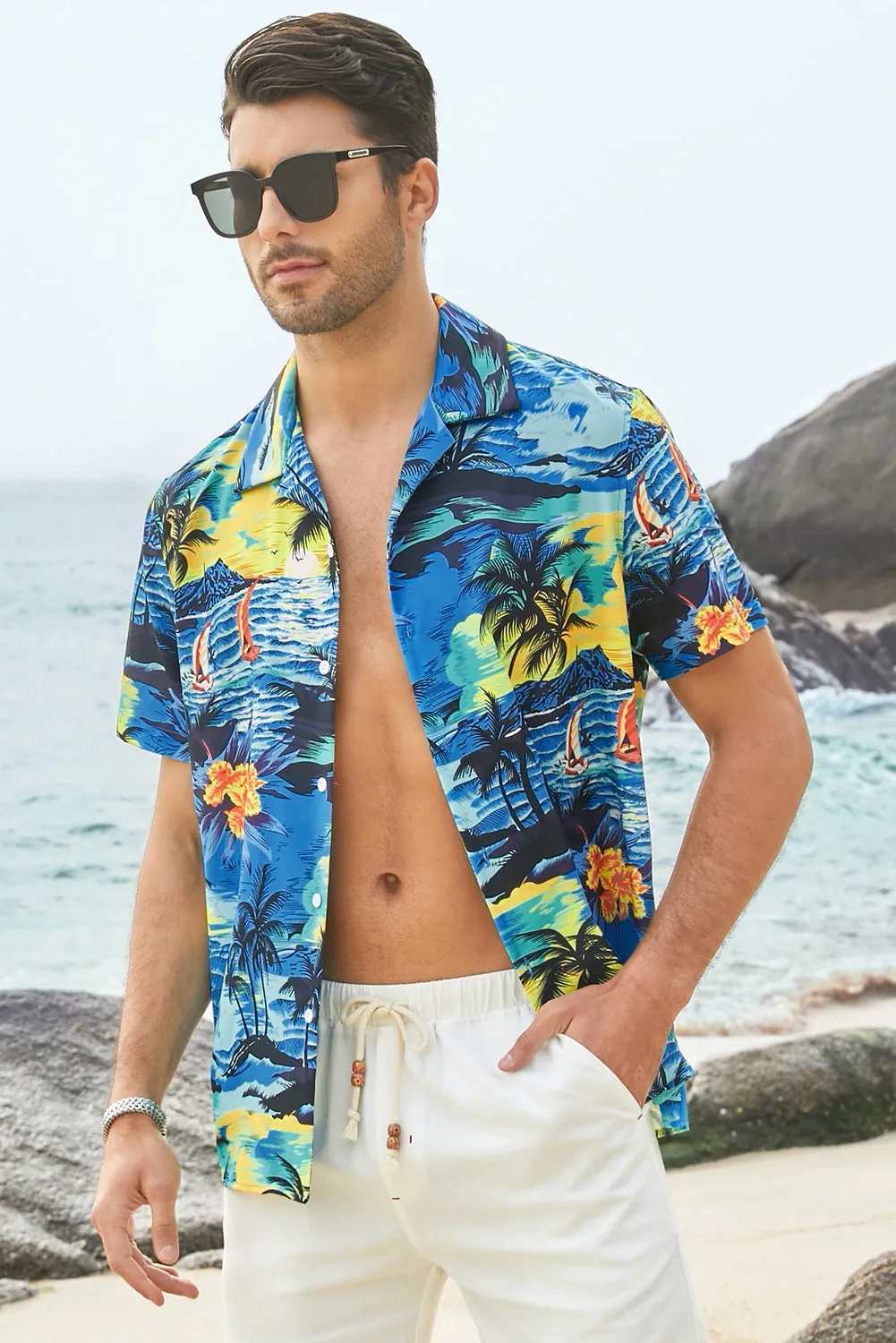 Floral Scenery Pattern Print Buttons Short Sleeve Men's Shirt