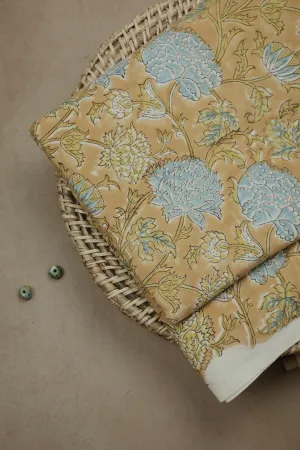 Florals on Yellow Sanganeri Cotton Fabric - 0.5m