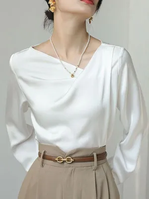 French Style White Satin Irregular Blouse