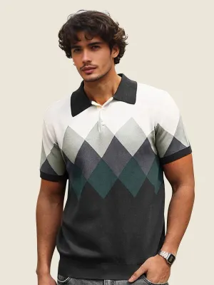 Geometric Argyle Knit Polo Shirt