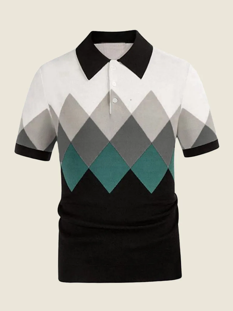 Geometric Argyle Knit Polo Shirt