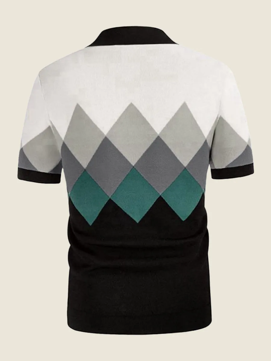 Geometric Argyle Knit Polo Shirt