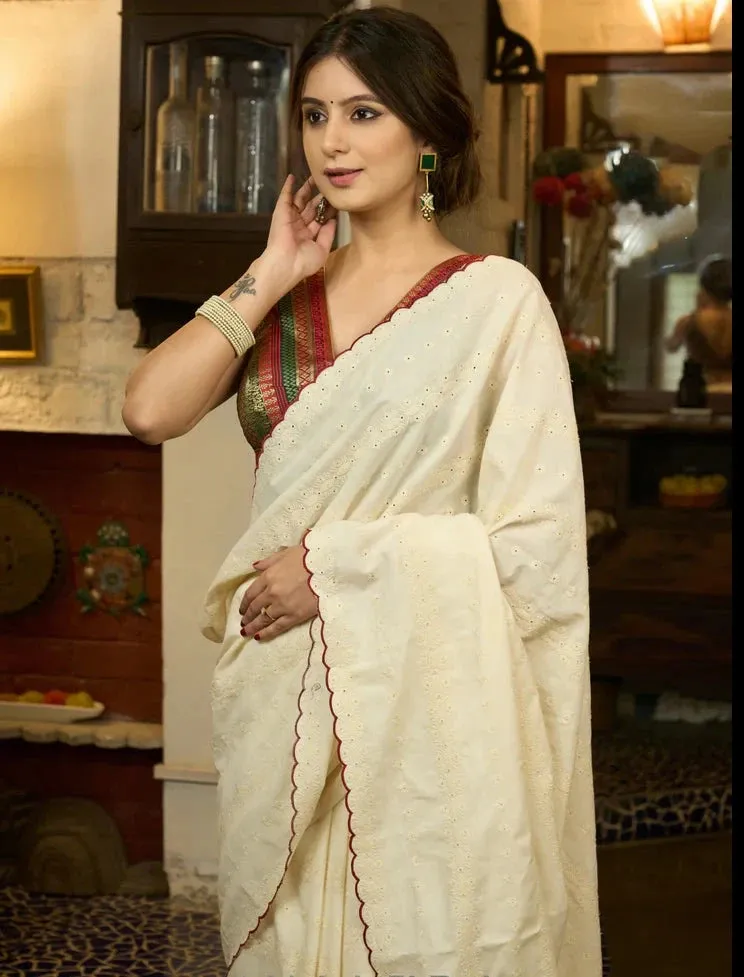 HAKOBA COTTON SAREE WITH EMBROIDERED DOTS AND SCALLOPS