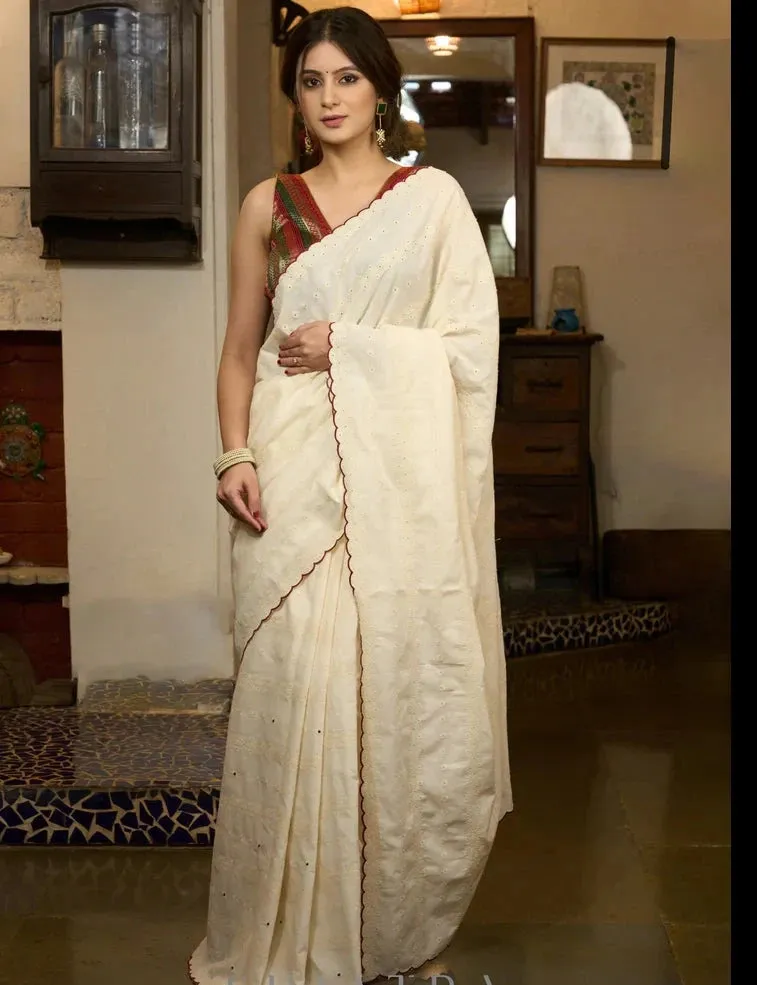 HAKOBA COTTON SAREE WITH EMBROIDERED DOTS AND SCALLOPS