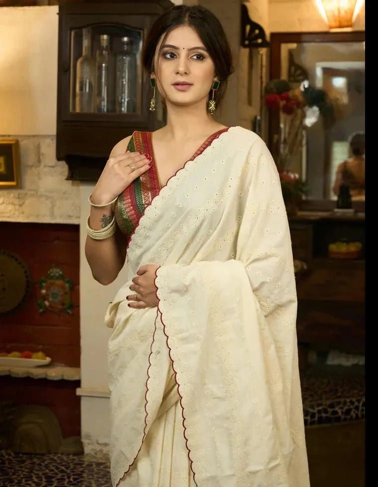 HAKOBA COTTON SAREE WITH EMBROIDERED DOTS AND SCALLOPS
