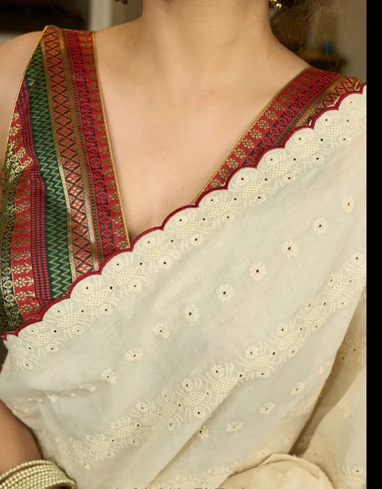 HAKOBA COTTON SAREE WITH EMBROIDERED DOTS AND SCALLOPS