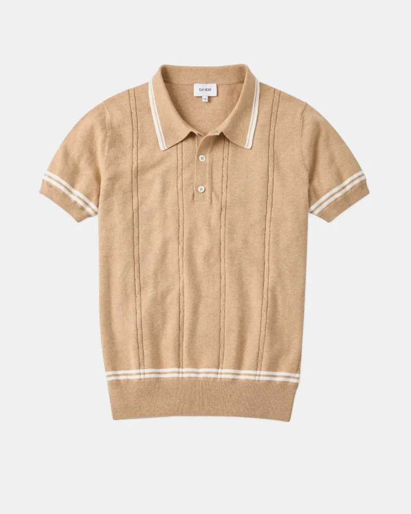 Italian Cashmere White Tipped Cable Knit Polo in Arizona Tan