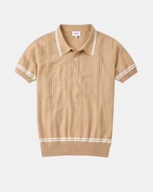 Italian Cashmere White Tipped Cable Knit Polo in Arizona Tan