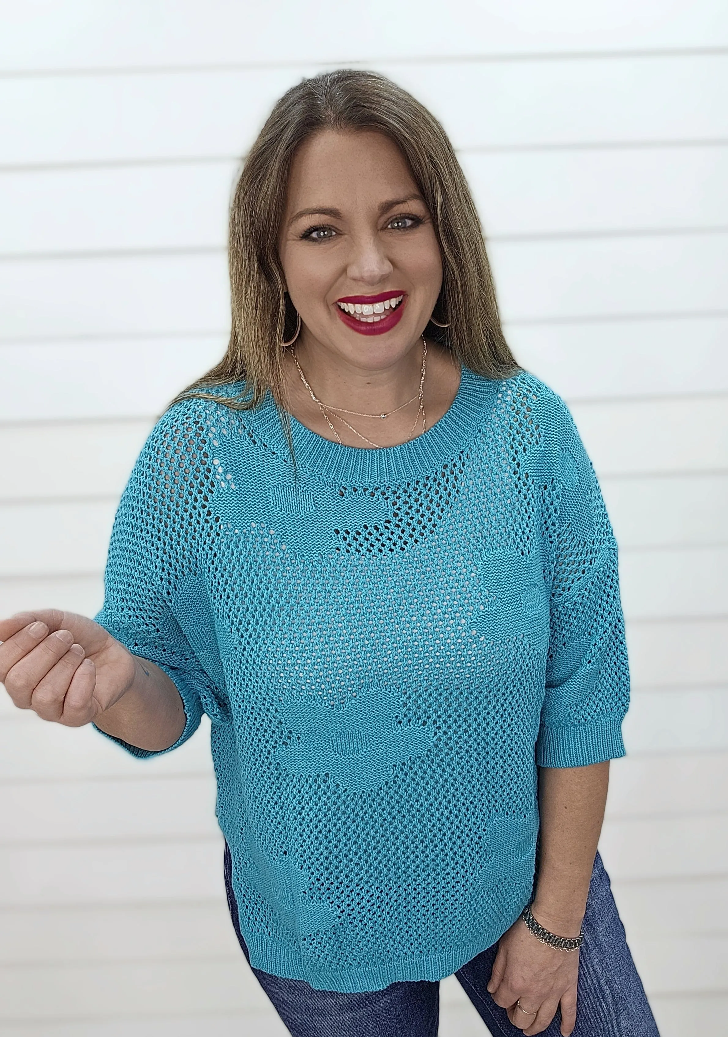 JADE 3/4 SLEEVE OVERSIZED OPEN KNIT FORAL CROCHET TOP