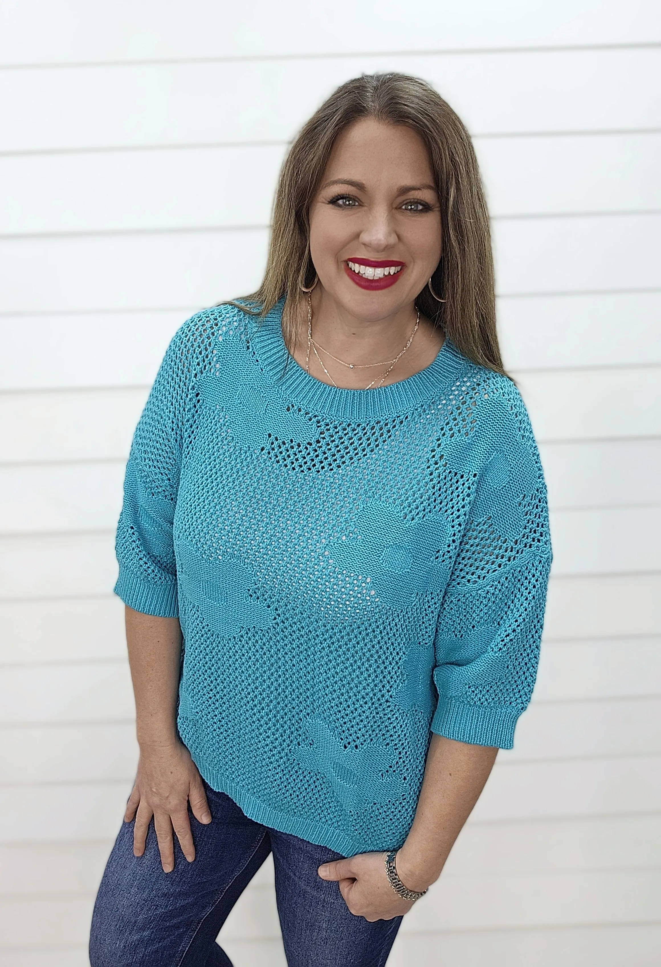 JADE 3/4 SLEEVE OVERSIZED OPEN KNIT FORAL CROCHET TOP