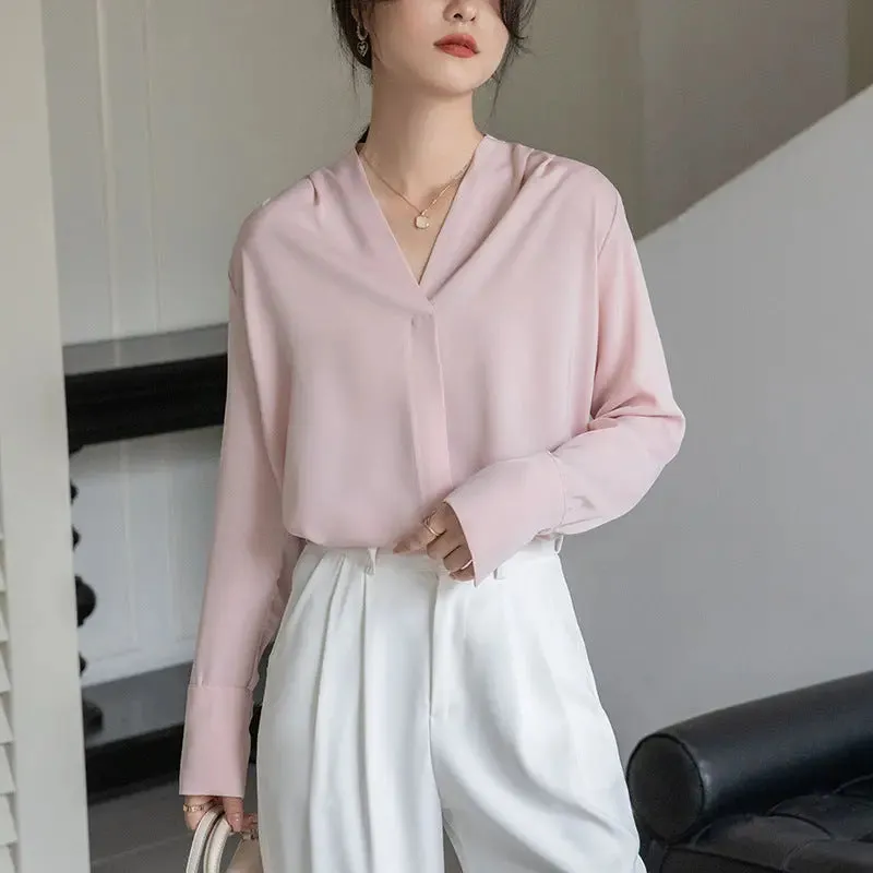 Korean Style Versatile V-neck Long Sleeve Satin Blouse Women's Tops