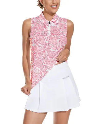 Ladies Sleeveless Golf Polo- 🏌🏿‍♀️SO® Pink Printing Athletic Polo Shirts Moisture Wicking Tennis Shirts Golf Shirt