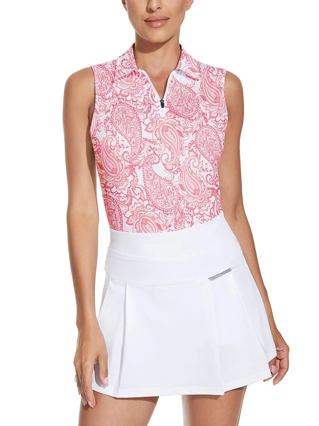 Ladies Sleeveless Golf Polo- 🏌🏿‍♀️SO® Pink Printing Athletic Polo Shirts Moisture Wicking Tennis Shirts Golf Shirt