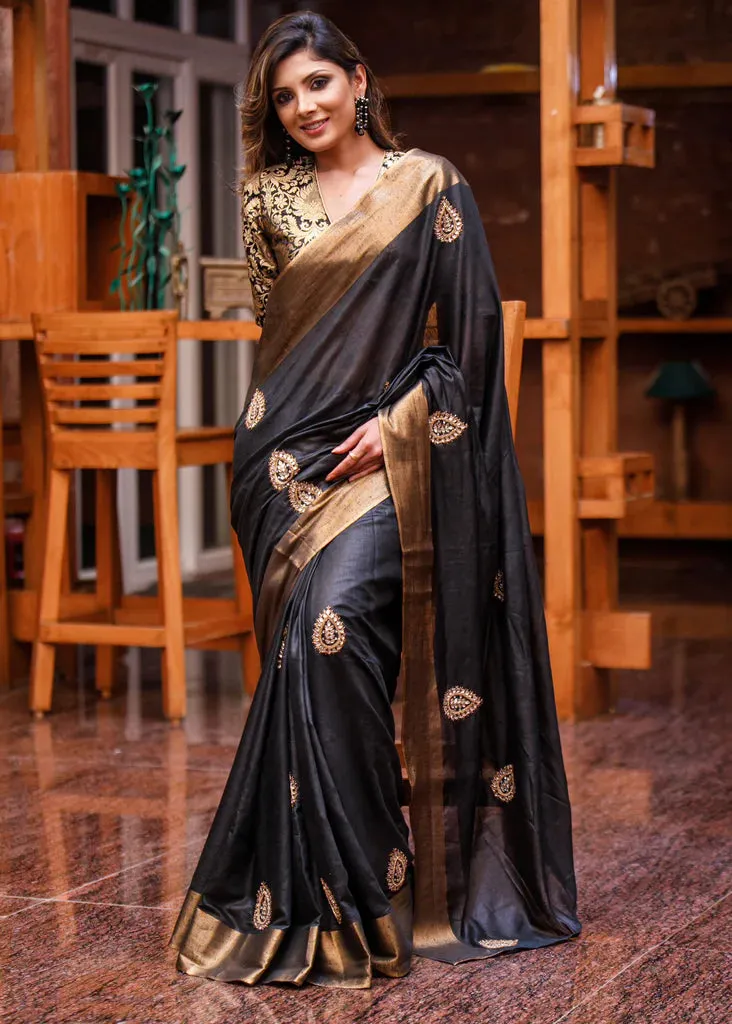 LINEN COTTON SAREE WITH HAND EMBROIDERED ZARDOSI BUTA