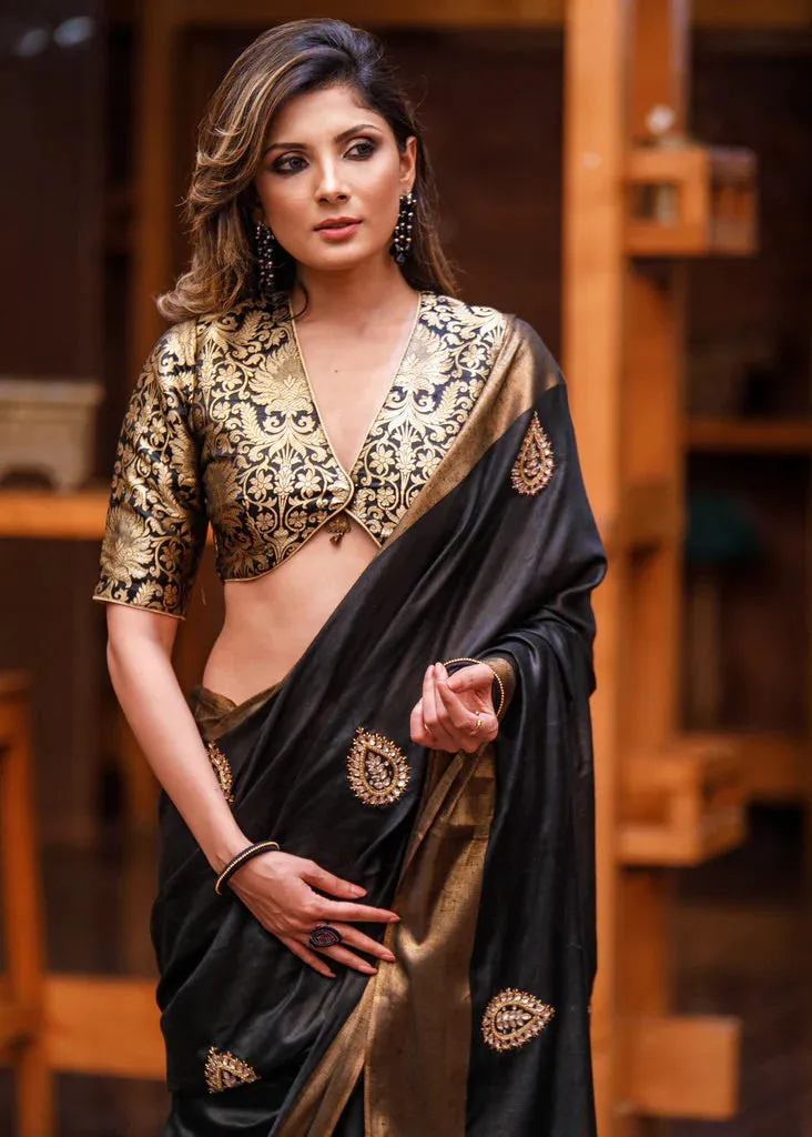 LINEN COTTON SAREE WITH HAND EMBROIDERED ZARDOSI BUTA