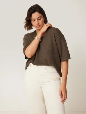 Linen Scoop Neck Knitted T-Shirt | Brown