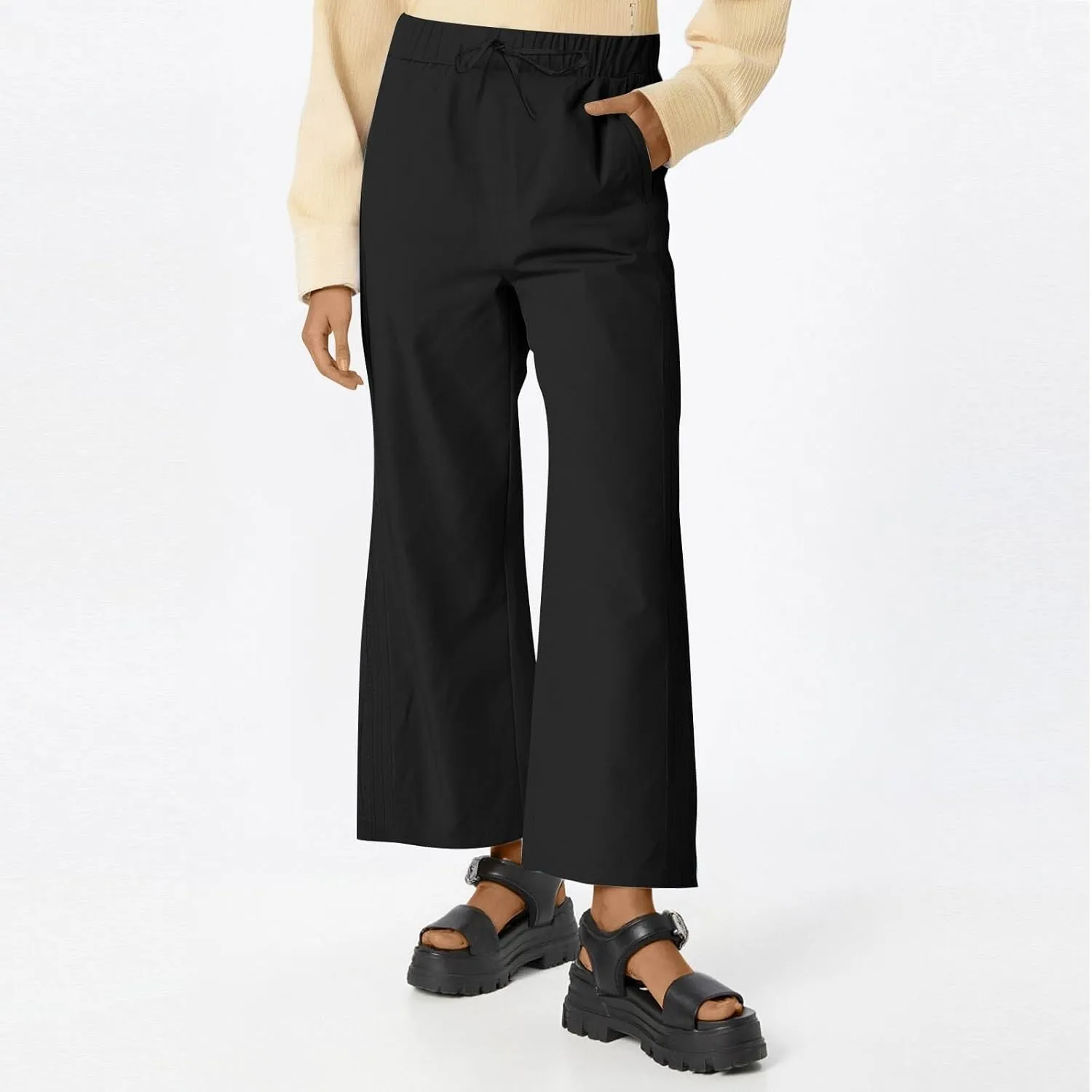 Linen Wide Leg Pants for Women Drawstring High Waisted Palazzo Trousers Loose Casual Summer Cropped Pants with Pockets