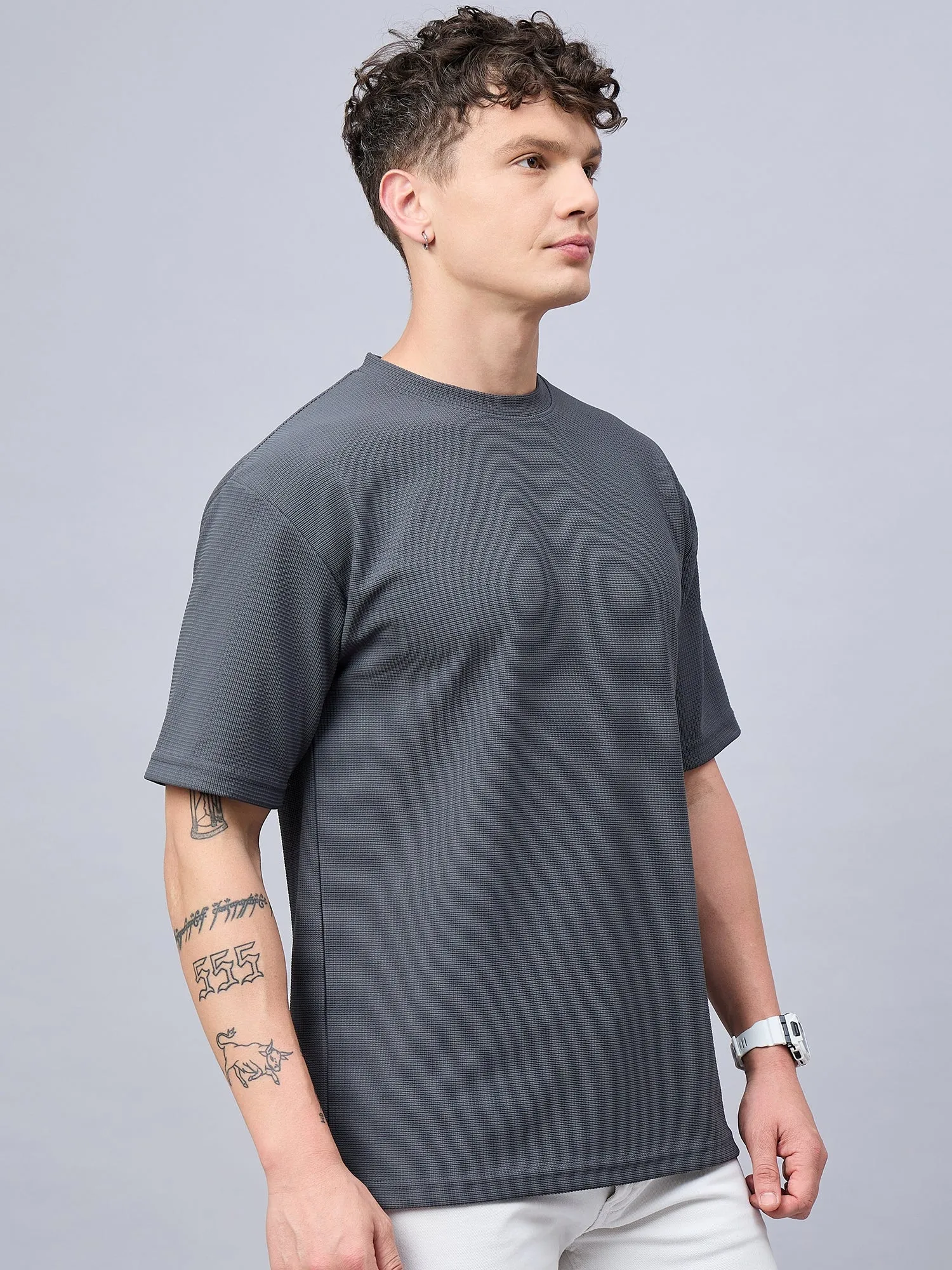 Men Oversized Round Neck Drop Shoulder T-shirt Grey