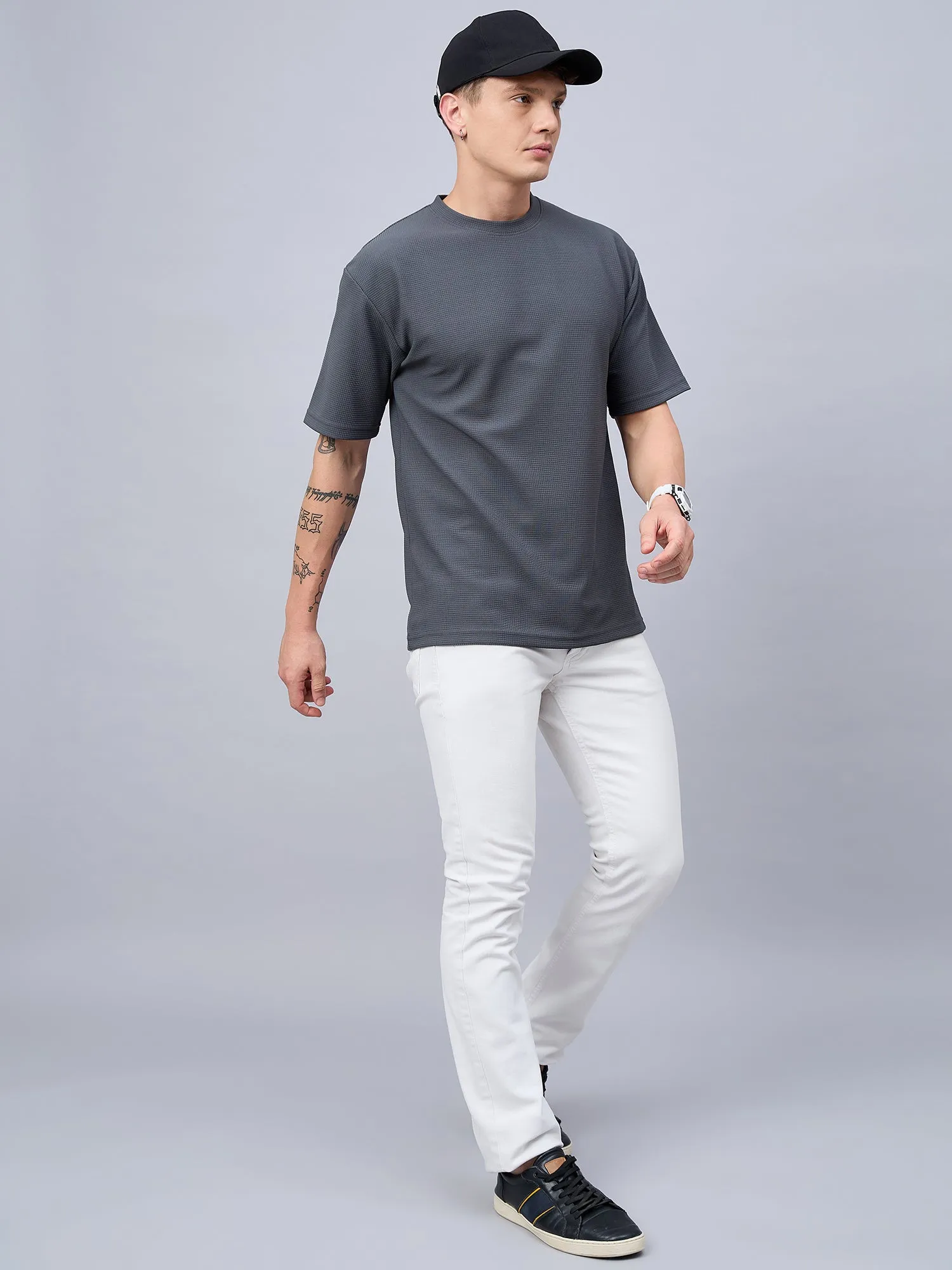 Men Oversized Round Neck Drop Shoulder T-shirt Grey