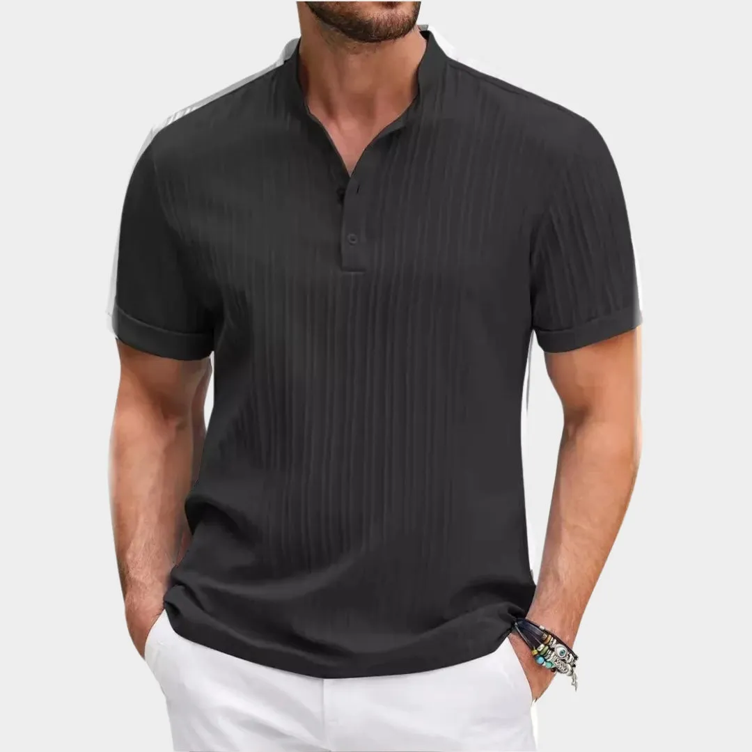 Men's Striped Henley Shirt - Cotton & Linen Blend - Short Sleeve - Breathable & Stylish - Multiple Colours